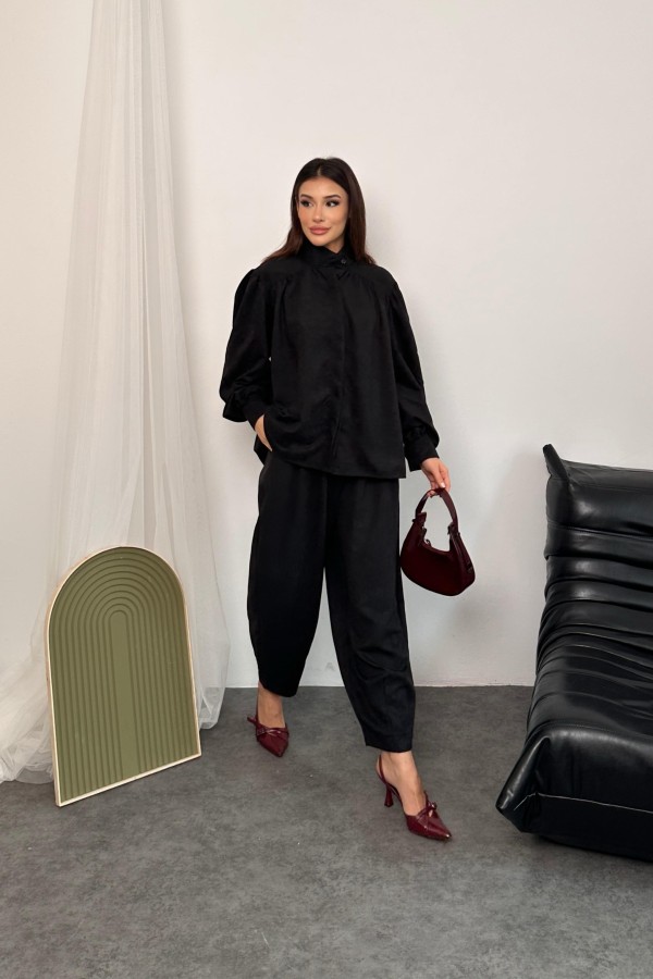 Kadın Siyah Oversize Gömlek ve Palazzo Alt-Üst Takım