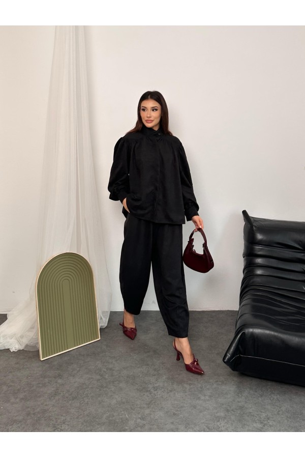 Kadın Siyah Oversize Gömlek ve Palazzo Alt-Üst Takım