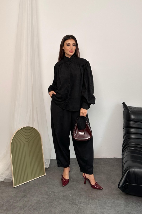 Kadın Siyah Oversize Gömlek ve Palazzo Alt-Üst Takım