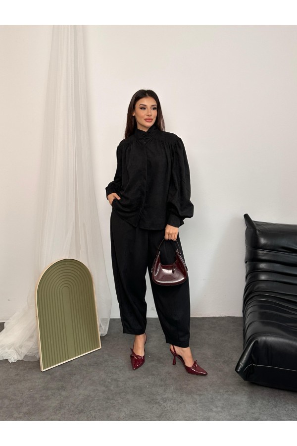 Kadın Siyah Oversize Gömlek ve Palazzo Alt-Üst Takım