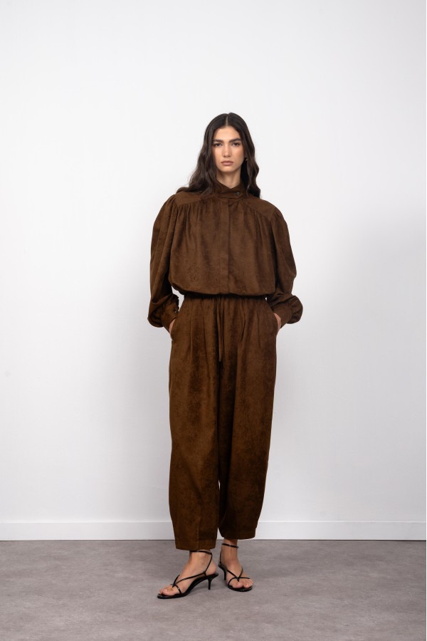 Kadın Kahverengi Oversize Gömlek Palazzo Pantalon Alt Üst Takım