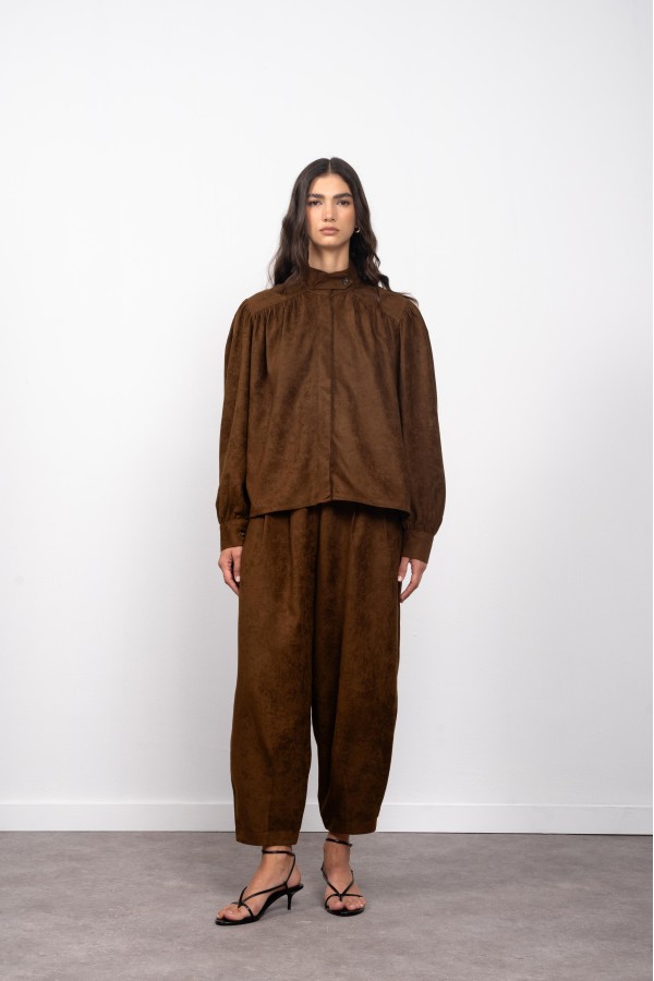 Kadın Kahverengi Oversize Gömlek Palazzo Pantalon Alt Üst Takım