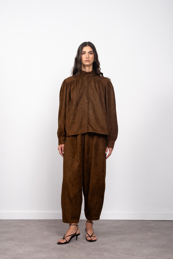 Kadın Kahverengi Oversize Gömlek Palazzo Pantalon Alt Üst Takım