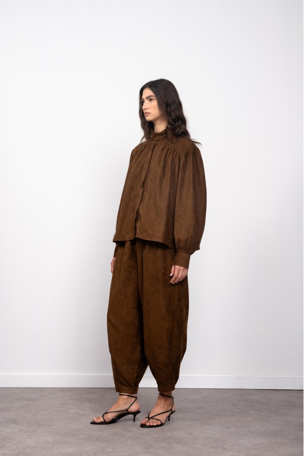 Kadın Kahverengi Oversize Gömlek Palazzo Pantalon Alt Üst Takım