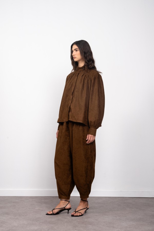 Kadın Kahverengi Oversize Gömlek Palazzo Pantalon Alt Üst Takım