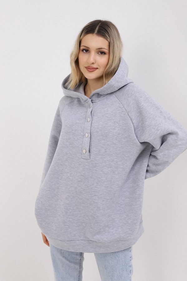 Gri Oversize Çıt Çıt Yaka Kapşonlu Sweatshirt