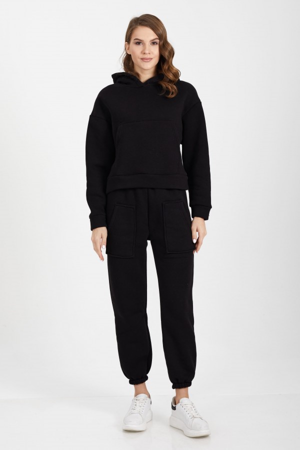 Siyah Kapşonlu Sweatshirt Takım