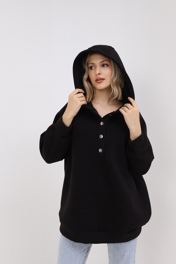 Siyah Oversize Çıt Çıt Yaka Kapşonlu Sweatshirt