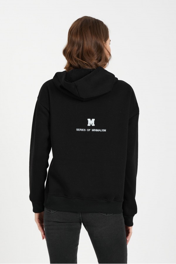 Siyah Oversize Dokumalı Baskı Kapşonlu Sweatshirt